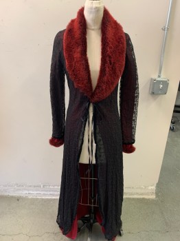 Womens, Coat, LULU, Wine Red, Polyamide, Solid, M, Fur Shawl Collar, Black Sheer Net with Floral Embroidery, Black Velvet Ribbon Tie at Front, Fur Cuffs, Ankle Length