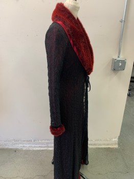 Womens, Coat, LULU, Wine Red, Polyamide, Solid, M, Fur Shawl Collar, Black Sheer Net with Floral Embroidery, Black Velvet Ribbon Tie at Front, Fur Cuffs, Ankle Length
