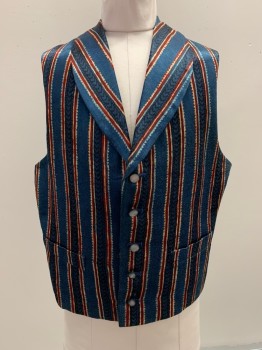NO LABEL, Blue, Red Burgundy, Cream, Polyester, Stripes, Sleeveless, Button Front, Shawl Collar, Top Pockets