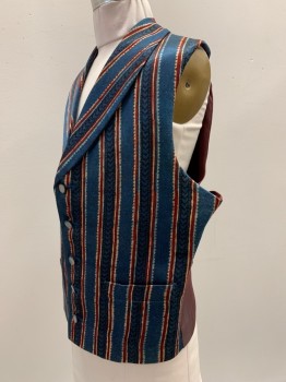 NO LABEL, Blue, Red Burgundy, Cream, Polyester, Stripes, Sleeveless, Button Front, Shawl Collar, Top Pockets