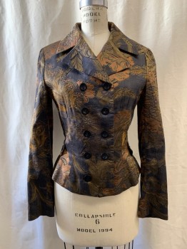 Womens, Blazer, DRIES VAN NOTEN, Copper Metallic, Olive Green, Brown, Black, Silk, Floral, B 32, 40, Jacquard, Double Breasted, Collar Attached, Notched Lapel, Long Sleeves, Button Tab Back Belt Woven Through Belt Loops