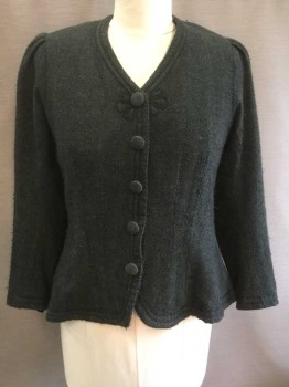 N/L, Dk Green, Black, Wool, Herringbone, Long Sleeves, 5 Self Fabric Covered Buttons At Front, Narrow V Neck, 2 Black Satin Corded Trim Stripes Along Front with Looped "Flower" Detail, Trim At Cuffs Also, Puffy Sleeves with Pleated Shoulders, Vented Back, Black Lining, Shoulder Pads, Made To Order,