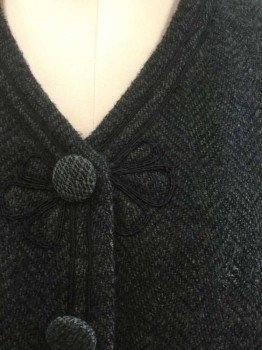 N/L, Dk Green, Black, Wool, Herringbone, Long Sleeves, 5 Self Fabric Covered Buttons At Front, Narrow V Neck, 2 Black Satin Corded Trim Stripes Along Front with Looped "Flower" Detail, Trim At Cuffs Also, Puffy Sleeves with Pleated Shoulders, Vented Back, Black Lining, Shoulder Pads, Made To Order,