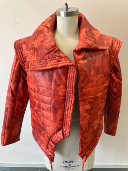 N/L, Orange, Red, Faux Leather, Camouflage, C.A., Open Front, with Drawstring, Silk Lining, Ribbed Shoulder Trim, Side Pockets