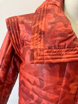 Womens, Sci-Fi/Fantasy Jacket, N/L, Orange, Red, Faux Leather, Camouflage, B36, C.A., Open Front, with Drawstring, Silk Lining, Ribbed Shoulder Trim, Side Pockets