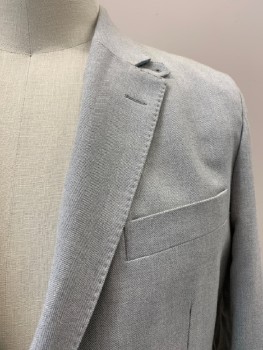 Mens, Sportcoat/Blazer, HACKETT MAYFAIR, Lt Gray, Cotton, Herringbone, Solid, 44R, Single Breasted, 2 Bttns, Notched Lapel, 3 Pckts, 1 Bttn. At Collar *Faded Stains On Back*