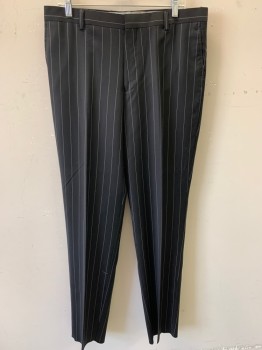 SERGIO VALENTINO, Black, Wool, Polyester, Stripes - Pin, Flat Front, Belt Loops, 4 Pockets 2 are Welt