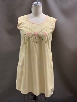 NL, Butter Yellow, Pink, Green, Cotton, Solid, Floral, Scoop Neck Front & Back, Sleeveless, Embroidery At Neck & Sleeve, Embroidered Floral Deign On Front