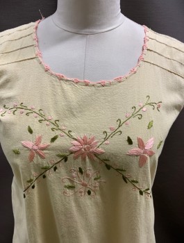 NL, Butter Yellow, Pink, Green, Cotton, Solid, Floral, Scoop Neck Front & Back, Sleeveless, Embroidery At Neck & Sleeve, Embroidered Floral Deign On Front