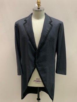 NL, Charcoal Gray, Black, Wool, Solid, Notched Lapel, Long Cutaway Coat, 2 Button Single Breasted, Black Grosgrain Trim Around Neck, Front & Hem, 1 Pocket, Vent Back with 2 Buttons
