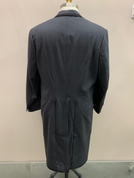 NL, Charcoal Gray, Black, Wool, Solid, Notched Lapel, Long Cutaway Coat, 2 Button Single Breasted, Black Grosgrain Trim Around Neck, Front & Hem, 1 Pocket, Vent Back with 2 Buttons
