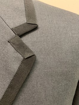 Mens, Jacket 1890s-1910s, NL, Charcoal Gray, Black, Wool, Solid, 50 L, Notched Lapel, Long Cutaway Coat, 2 Button Single Breasted, Black Grosgrain Trim Around Neck, Front & Hem, 1 Pocket, Vent Back with 2 Buttons