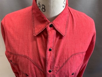Mens, Western, SCULLY, Red, Black, Cotton, Solid, M, L/S, Snap Front, C.A., Western Yoke, Black Stitching, 2 Faux Pkts