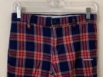 Childrens, Pants, SUPERISM, Navy Blue, Red, Yellow, White, Cotton, Plaid, 14, F.F, Side And Back Pockets, Zip Front, Belt Loops,