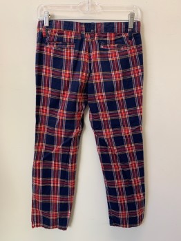SUPERISM, Navy Blue, Red, Yellow, White, Cotton, Plaid, F.F, Side And Back Pockets, Zip Front, Belt Loops,
