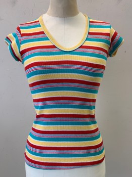 NO LABEL, Yellow, Turquoise Blue, Red, White, Cotton, Stripes - Horizontal , Short Sleeve, V Neck, Pullover
