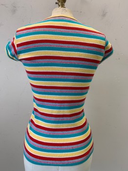 Womens, Shirt, NO LABEL, Yellow, Turquoise Blue, Red, White, Cotton, Stripes - Horizontal , B34, Short Sleeve, V Neck, Pullover