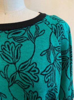 Womens, Sweater, SHARON ANTHONY, Kelly Green, Black, Acrylic, Floral, M/L, Round Neck, S/S, Black Trim Along Neck, S/S, and Waistband