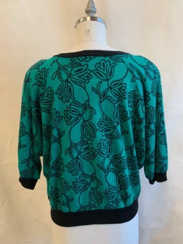 Womens, Sweater, SHARON ANTHONY, Kelly Green, Black, Acrylic, Floral, M/L, Round Neck, S/S, Black Trim Along Neck, S/S, and Waistband