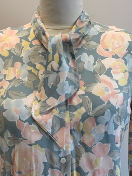 COUNTRY SOPHISTICATE, Steel Blue, Lt Pink, Gray, Yellow, Rayon, Floral, L/S, B.F., Collar Tie, Shoulder Pads
