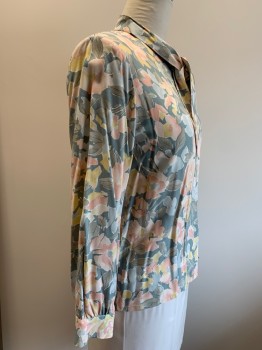COUNTRY SOPHISTICATE, Steel Blue, Lt Pink, Gray, Yellow, Rayon, Floral, L/S, B.F., Collar Tie, Shoulder Pads