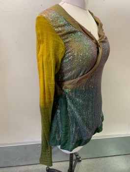 Unisex, Sci-Fi/Fantasy Top, N/L MTO, Lime Green, Yellow, Brown, Cotton, Sequins, Ombre, C:36, Sequinned Torso, Ombre Gauze Sleeves, Wrapped Closure with Self Ties, V-Neck, Shantung Silk at Neck, Whimsical Fairy or Elf