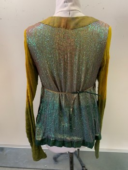 Unisex, Sci-Fi/Fantasy Top, N/L MTO, Lime Green, Yellow, Brown, Cotton, Sequins, Ombre, C:36, Sequinned Torso, Ombre Gauze Sleeves, Wrapped Closure with Self Ties, V-Neck, Shantung Silk at Neck, Whimsical Fairy or Elf