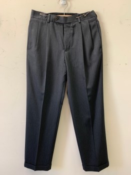 Mens, Slacks, BROOKS BROTHERS, Charcoal Gray, Polyester, Solid, 30/30, Pleated, Side Pocket, Zip Front,