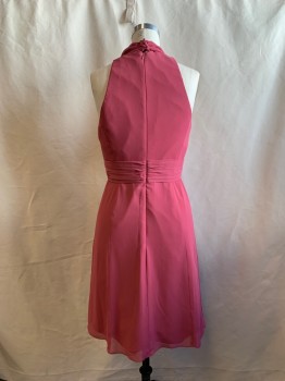 WATTERS & WATTERS, Dusty Rose Pink, Polyester, Solid, V-neck, Pleated Chiffon, Button Loop Back Neck, Zip Back, Horizontal Gathered Waistband, Gathered Front Waist Panel