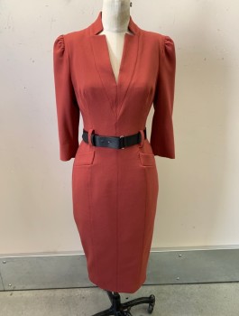 Womens, Dress, Long & 3/4 Sleeve, KAREN MILLEN, Brick Red, Polyester, Viscose, Solid, Sz.6, Crepe, 3/4 Sleeves, V-Neck with Inverted "Notched Lapel" Detail, Stand Collar, Fitted, Hem Below Knee, Belt Loops, **Comes with Matching Black Pleather Belt