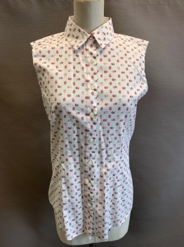 Womens, Top, BROOKS BROTHERS, White, Red, Pink, Purple, Cotton, Floral, 0, XS, Button Front, C.A., Sleeves Cut Off to Make Slvls,