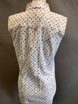 Womens, Top, BROOKS BROTHERS, White, Red, Pink, Purple, Cotton, Floral, 0, XS, Button Front, C.A., Sleeves Cut Off to Make Slvls,