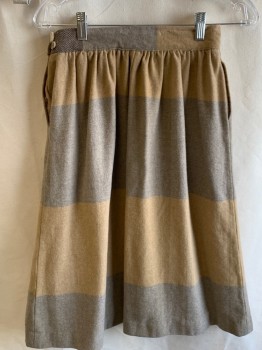 EVAN PICONE, Camel Brown, Gray, Wool, Color Blocking, Gathered Waist, Side Button Closure with Side Pckts, Hem Mid-calf