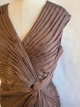 LILIANA, Brown, Polyester, Solid, Horizontal Pleated Chiffon Top, Solid Chiffon Bottom Surplice Top, Gathered Knot Front, Sleeveless, Zip Back