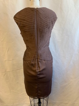 LILIANA, Brown, Polyester, Solid, Horizontal Pleated Chiffon Top, Solid Chiffon Bottom Surplice Top, Gathered Knot Front, Sleeveless, Zip Back