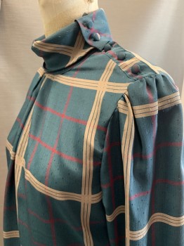 JONATHAN MARTIN, Teal Green, Red Burgundy, Khaki Brown, Polyester, Plaid, Diamond Jacquard, Turtle Neck, Buttons on Neck & Shoulders, L/S