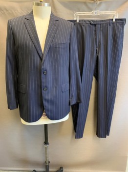 BROOKS BROTHERS, Navy Blue, White, Wool, Stripes - Pin, Notched Lapel, Single Breasted, Button Front, 3 Pockets