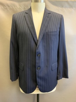 BROOKS BROTHERS, Navy Blue, White, Wool, Stripes - Pin, Notched Lapel, Single Breasted, Button Front, 3 Pockets