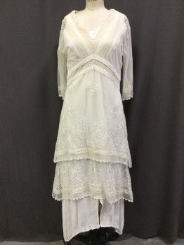 Womens, Dress, Long & 3/4 Sleeve, NA TA YA, Cream, Rayon, Polyester, Solid, Floral, 36B, Lined, Tulle with Tucks and Lace Inserts, V-neck, 3/4 Sleeves, Multi Layered Skirt, Doubled Lace the Longest Tier is the Slip, Turn of the Century Look