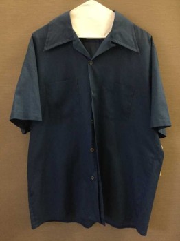 Mens, Casual Shirt, ARROW, Navy Blue, Cotton, Solid, 16-, L, 16.5, Short Sleeve,  Button Front, Collar Attached,  2 Pockets, V-neck, Sheer