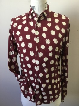 ZARA MAN, Maroon Red, Cream, Viscose, Abstract , Maroon with Cream Abstract Print, Collar Attached, Button Front, Long Sleeves,
