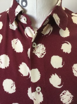 ZARA MAN, Maroon Red, Cream, Viscose, Abstract , Maroon with Cream Abstract Print, Collar Attached, Button Front, Long Sleeves,