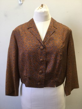 Womens, 1960s Vintage, Suit, Jacket, SLIM MAKER, Rust Orange, Olive Green, Purple, Viscose, Floral, B40, 4 Covered Button. Notched Lapel, 3/4 Sleeves. Self Bow Detail at Hem at Panel Line Front and Back
