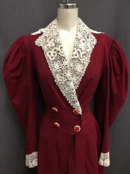 NO LABEL, Red, Off White, Wool, Silk, Long Sleeves, Lace At Cuffs, Lace Collar, Double Breasted, 4 Ornate Buttons, Hem Below Knee, Short Front, Long Back, Shirring At Shoulder Seam,