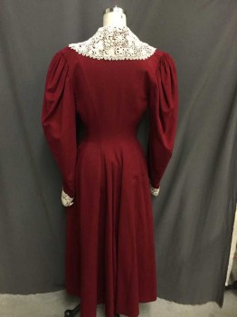 NO LABEL, Red, Off White, Wool, Silk, Long Sleeves, Lace At Cuffs, Lace Collar, Double Breasted, 4 Ornate Buttons, Hem Below Knee, Short Front, Long Back, Shirring At Shoulder Seam,