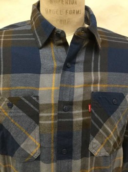 Mens, Casual Shirt, LEVI'S, Teal Blue, Brown, Gray, Yellow, Cotton, Plaid, M, (DOUBLE) Collar Attached, Button Front, Long Sleeves, 2 Pockets W/button