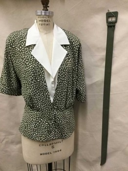 Womens, 1980s Vintage, Piece 1, LIZ ROBERTS, Olive Green, Cream, Polyester, Abstract , Solid, L, Top, Olive W/cream Abstract Print with Cream Notched Lapel Overlap W/snap Front, Short Sleeves W/fold Over Cuffs, Detached BELT:  Olive Reptile, W/self Buckle