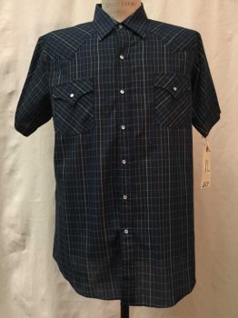 ELY CATTLEMAN, Navy Blue, Blue, White, Yellow, Synthetic, Cotton, Plaid, Navy, Blue/ White/ Yellow Plaid, Snap Front, Collar Attached, Short Sleeves, 2 Flap Pockets