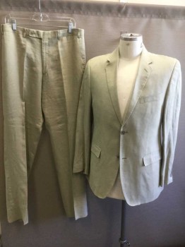Mens, Suit, Jacket, CALVIN KLEIN, Beige, Linen, Solid, 40 R, Single Breasted, Notched Lapel, 2 Buttons, 3 Pockets, Beige and White Striped Lining