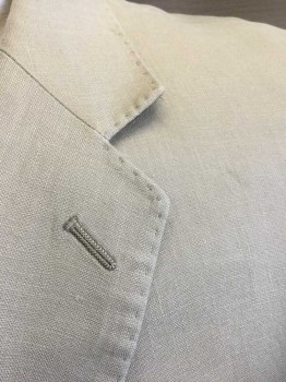 Mens, Suit, Jacket, CALVIN KLEIN, Beige, Linen, Solid, 40 R, Single Breasted, Notched Lapel, 2 Buttons, 3 Pockets, Beige and White Striped Lining